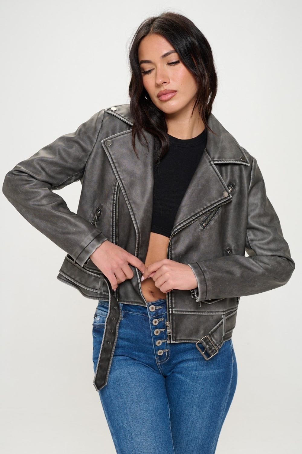 Hazel Blues® |  Coalition LA Zip Up Biker Jacket with Belt