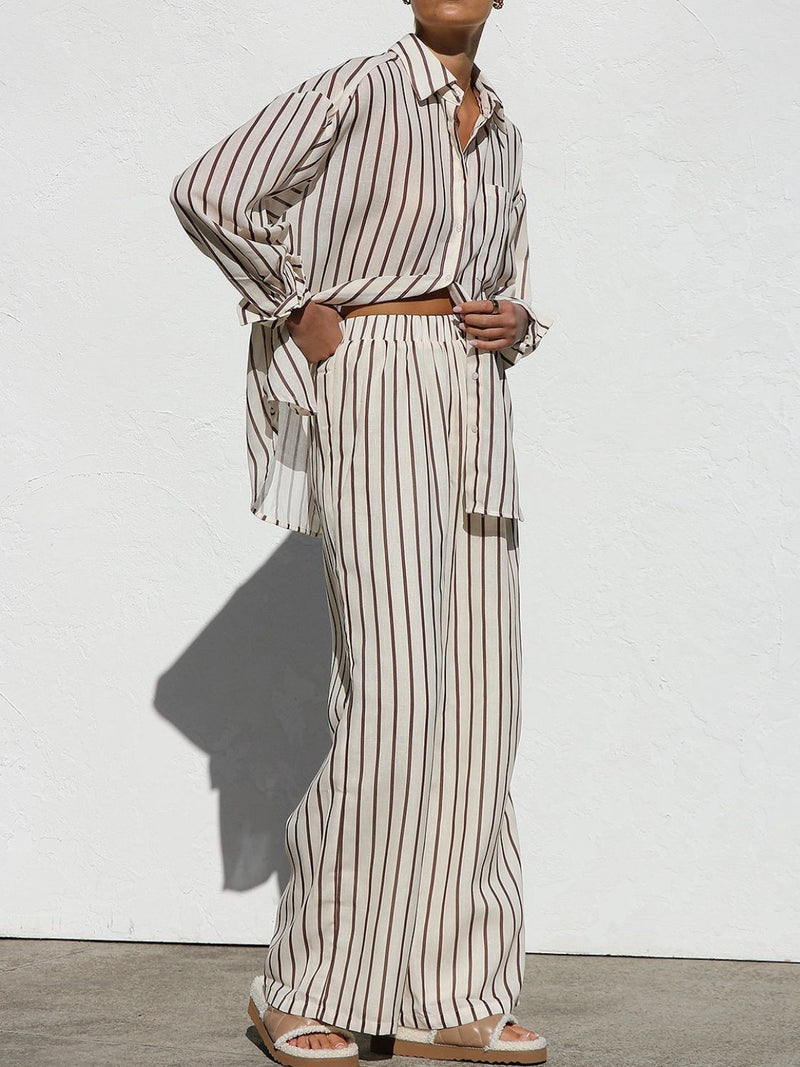 Hazel Blues® |  Striped Collared Neck Long Sleeve Top and Pants Set