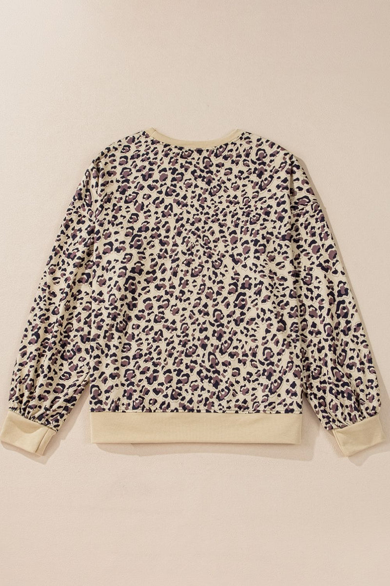 Hazel Blues® |  Slit Leopard Round Neck Long Sleeve Sweatshirt