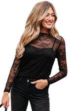 Hazel Blues® |  Black Lace Crochet Mesh Patched Slim Fit Long Sleeve Top