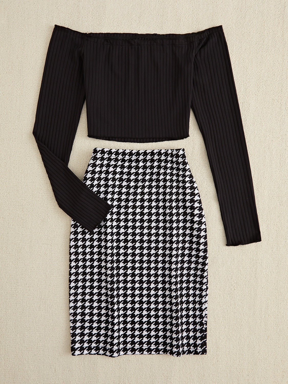 Hazel Blues® |  Off-Shoulder Long Sleeve Top and Houndstooth Skirt Set