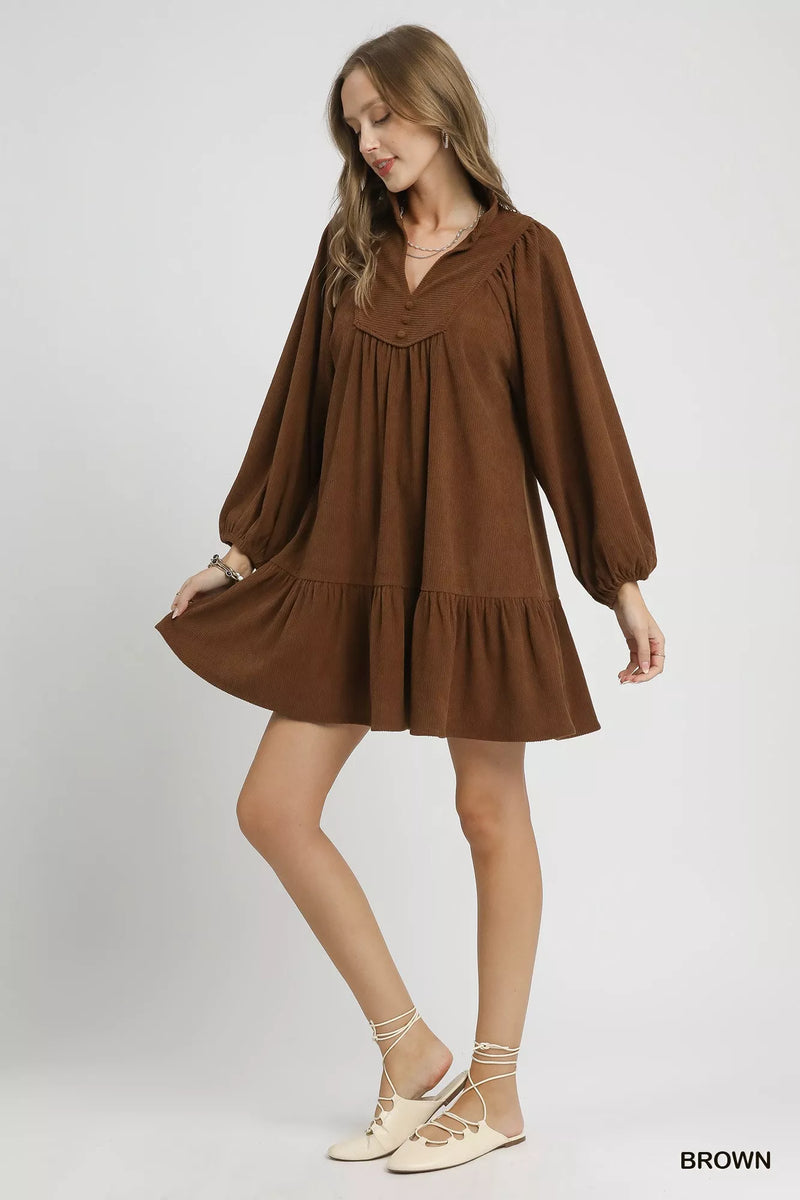 Hazel Blues | Umgee Corduroy Tiered Babydoll Dress Brown / S Hazel Blues | Umgee Corduroy Tiered Babydoll Dress Brown / S