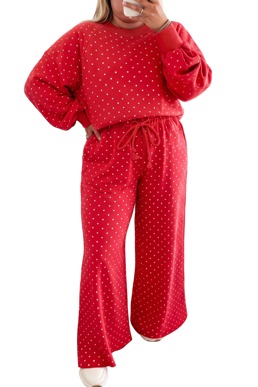 Red Polka Dot Round-Neck Long-Sleeve Set