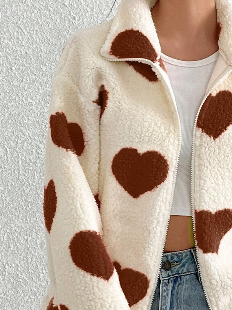 Hazel Blues® |  Heart Zip Up Drop Shoulder Furry Jacket