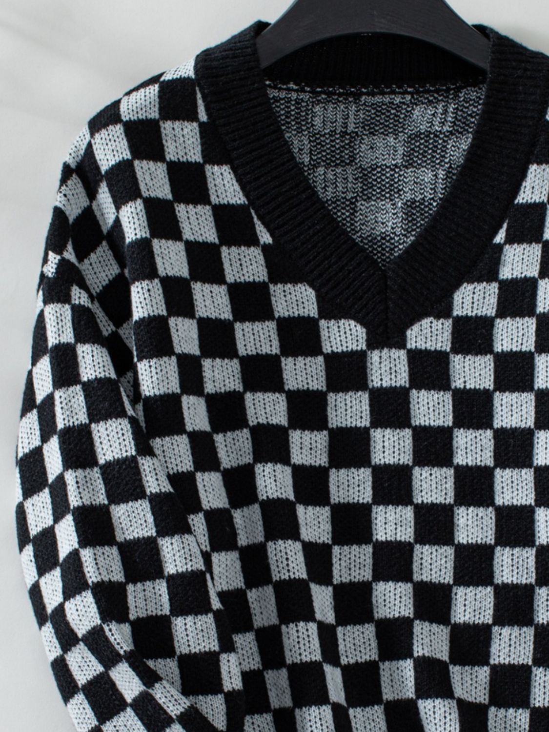 Hazel Blues® |  Checkered V-Neck Dropped Shoulder Sweater