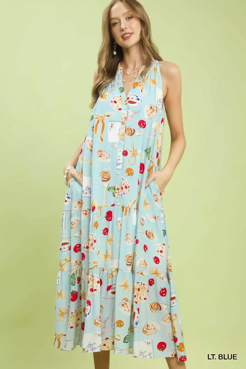 Hazel Blues | Umgee Abstract Print Tiered Halter Midi Dress