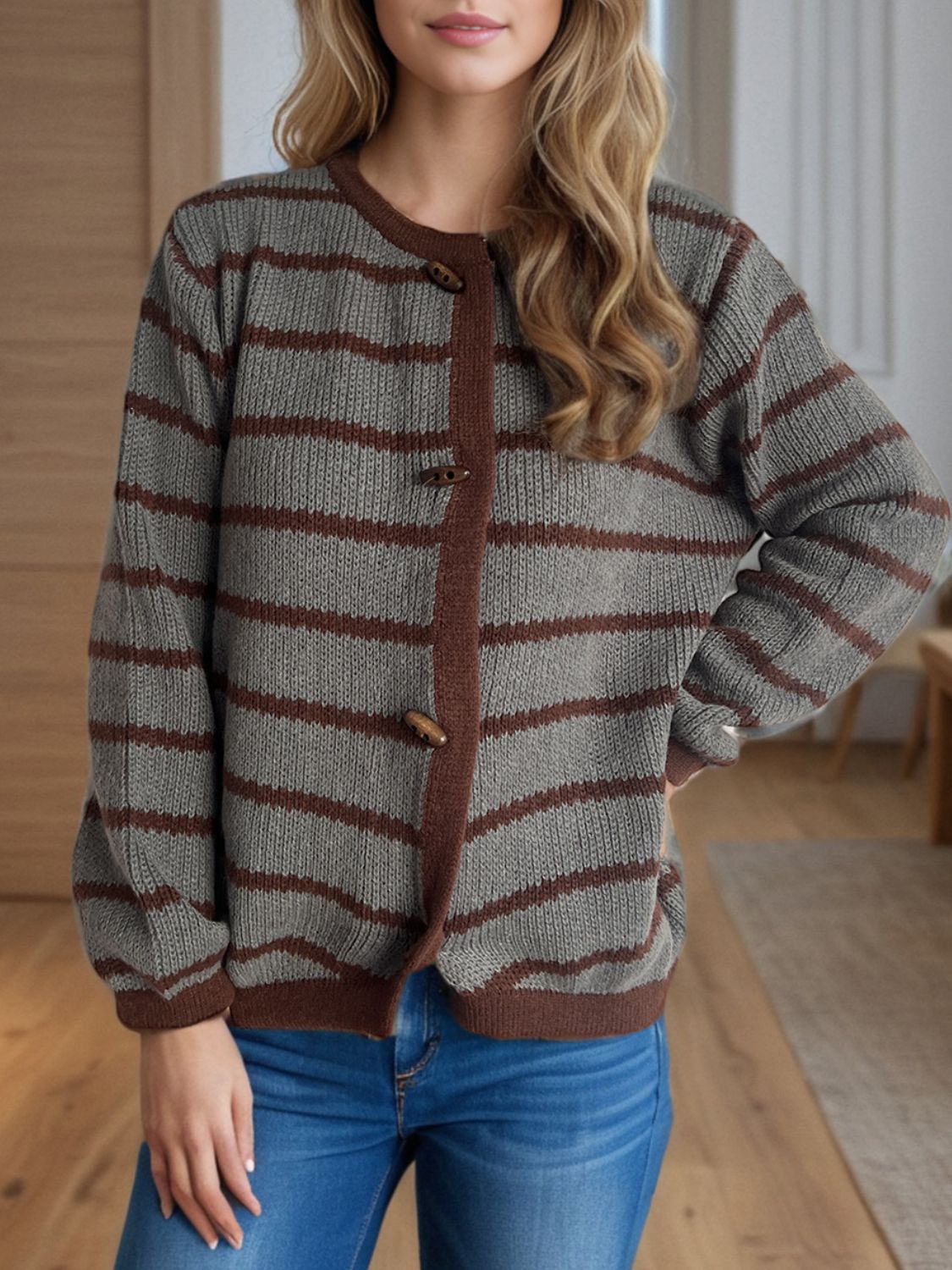 Hazel Blues® |  Striped Round Neck Long Sleeve Cardigan