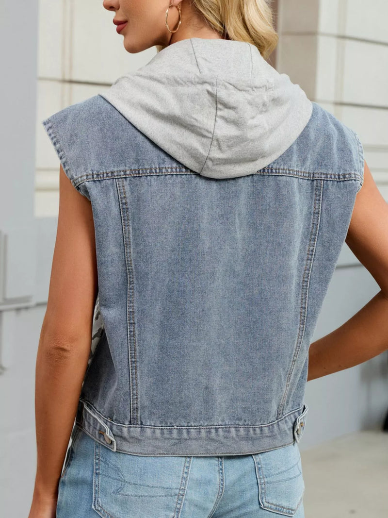 Hazel Blues® | Leopard Button Up Hooded Denim Vest