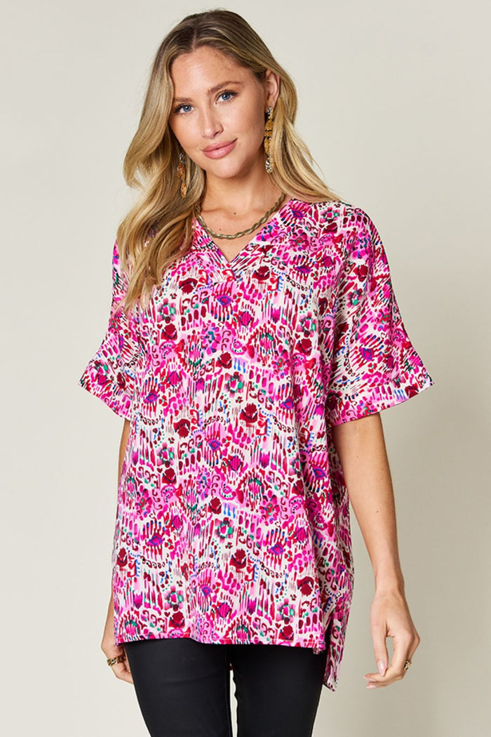 Hazel Blues® |  Double Take Printed V-Neck Short Sleeve Blouse