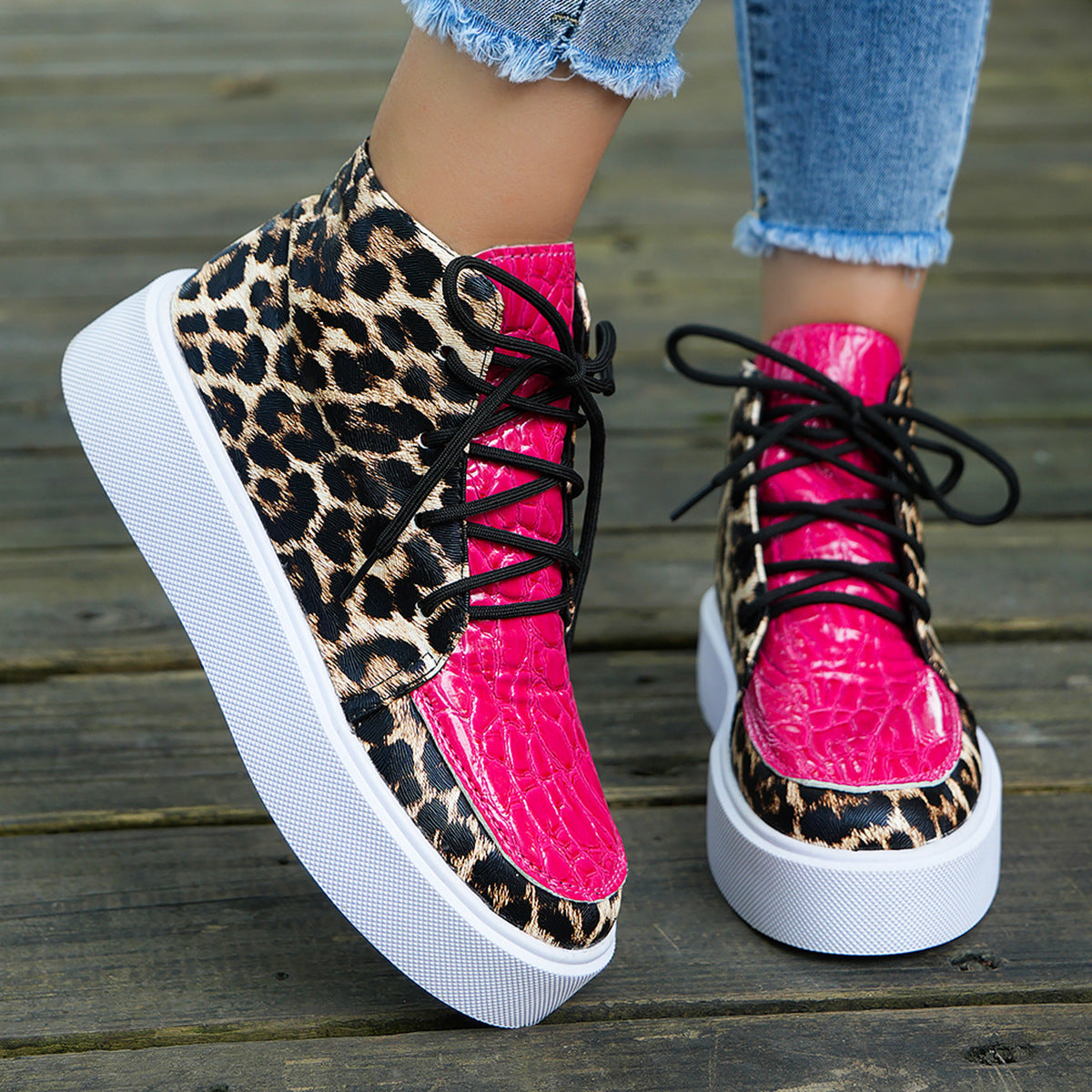 Hazel Blues® |  PU Leather Leopard Platform Sneakers