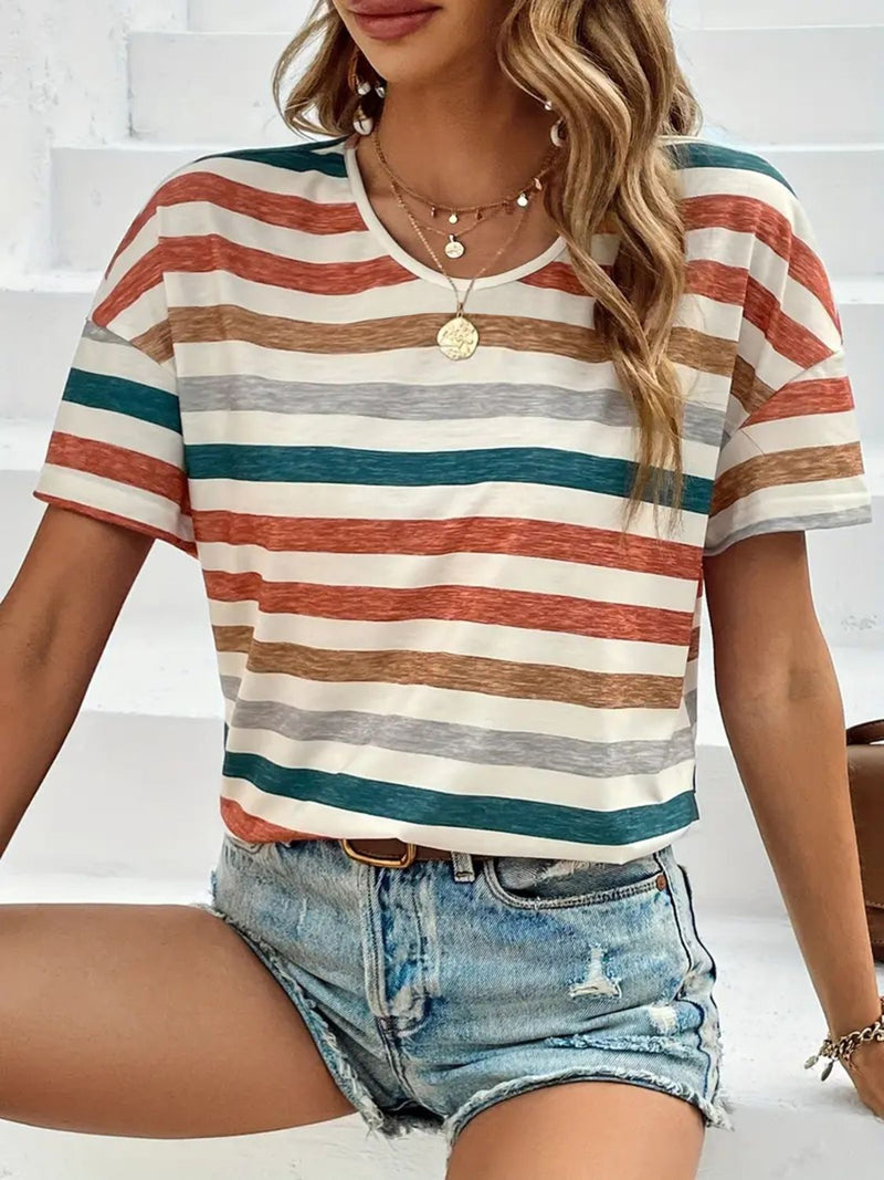 Hazel Blues® |  Striped Round Neck Short Sleeve T-Shirt