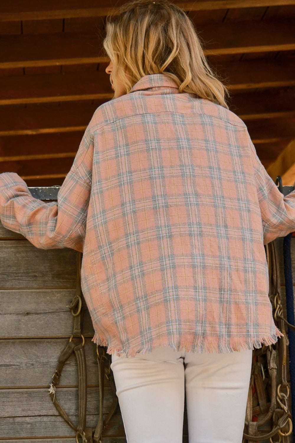 Hazel Blues® |  And The Why Plaid Button Up Raw Hem Shirt