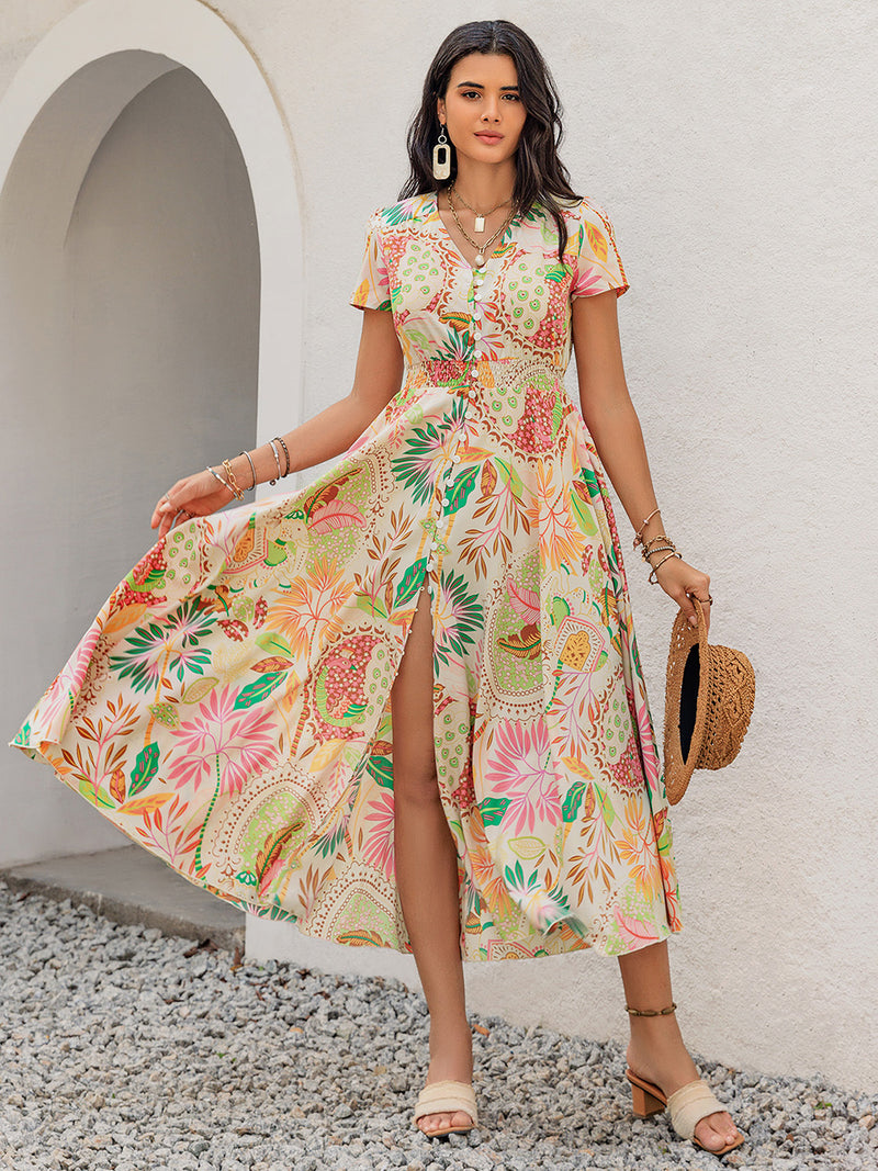 Hazel Blues® |  Printed V-Neck Short Sleeve Midi Dress