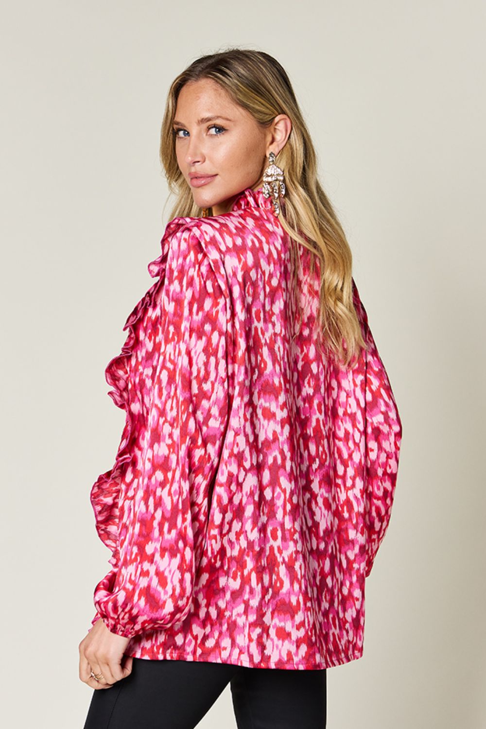 Hazel Blues® |  Double Take Printed Ruffle Trim Balloon Sleeve Shirt