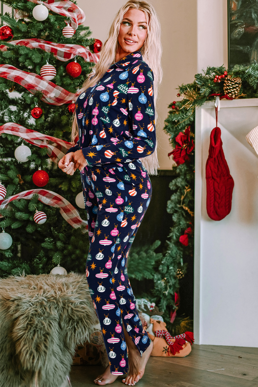 Hazel Blues® |  Christmas Lights Print Collared Neck Top and Pants Set