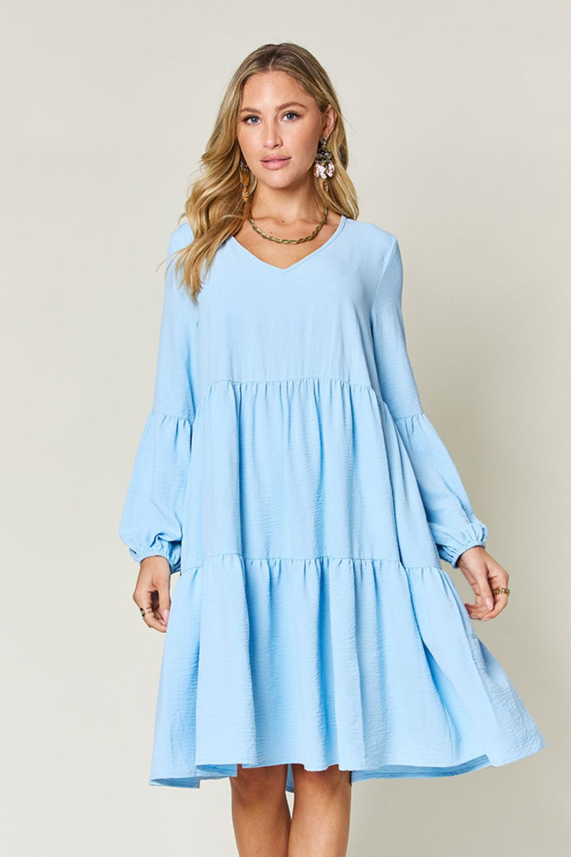 Hazel Blues® |  Double Take V-Neck Balloon Sleeve Tiered Dress with Pockets