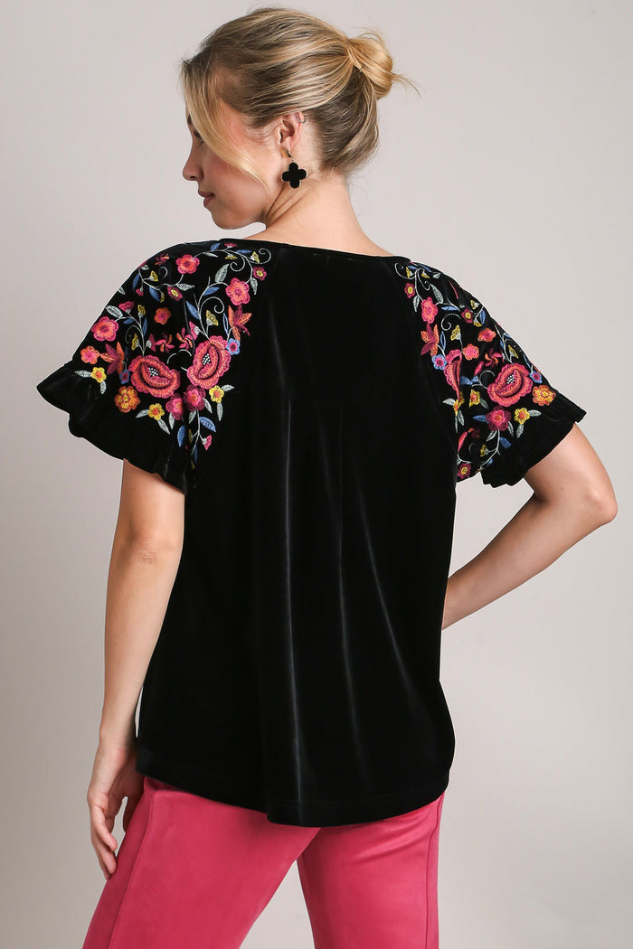 Hazel Blues® |  Umgee Velvet Embroidery Short Sleeve Blouse