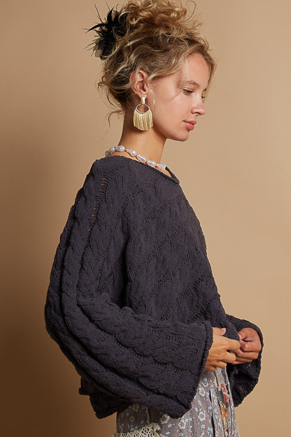 Hazel Blues® |  POL Round Neck Cable Knit Cropped Sweater