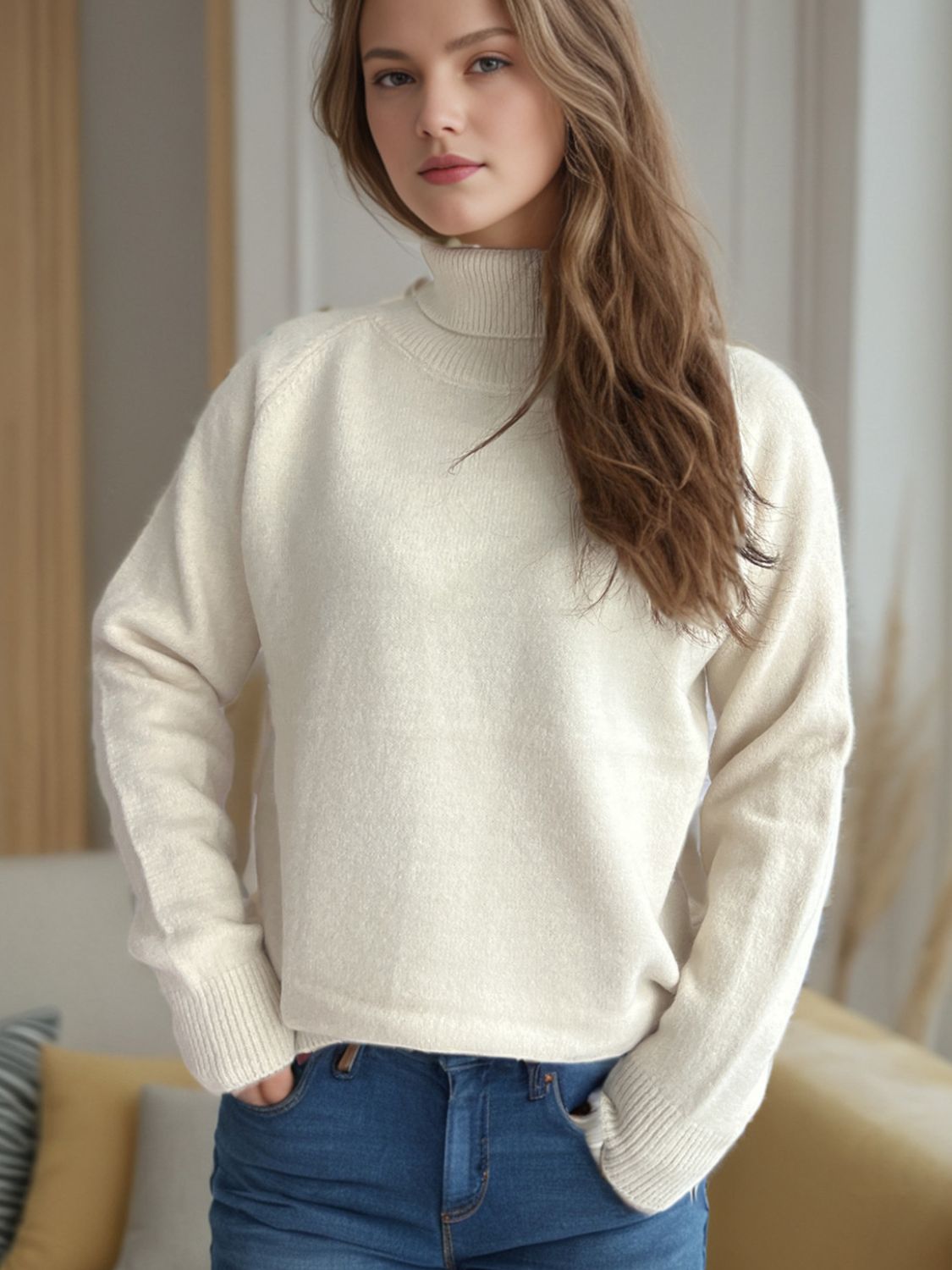 Hazel Blues® |  Solid Color Turtleneck Long Sleeve Sweater