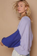 Hazel Blues® |  POL Exposed Seam Contrast V-Neck Lantern Sleeve Sweater