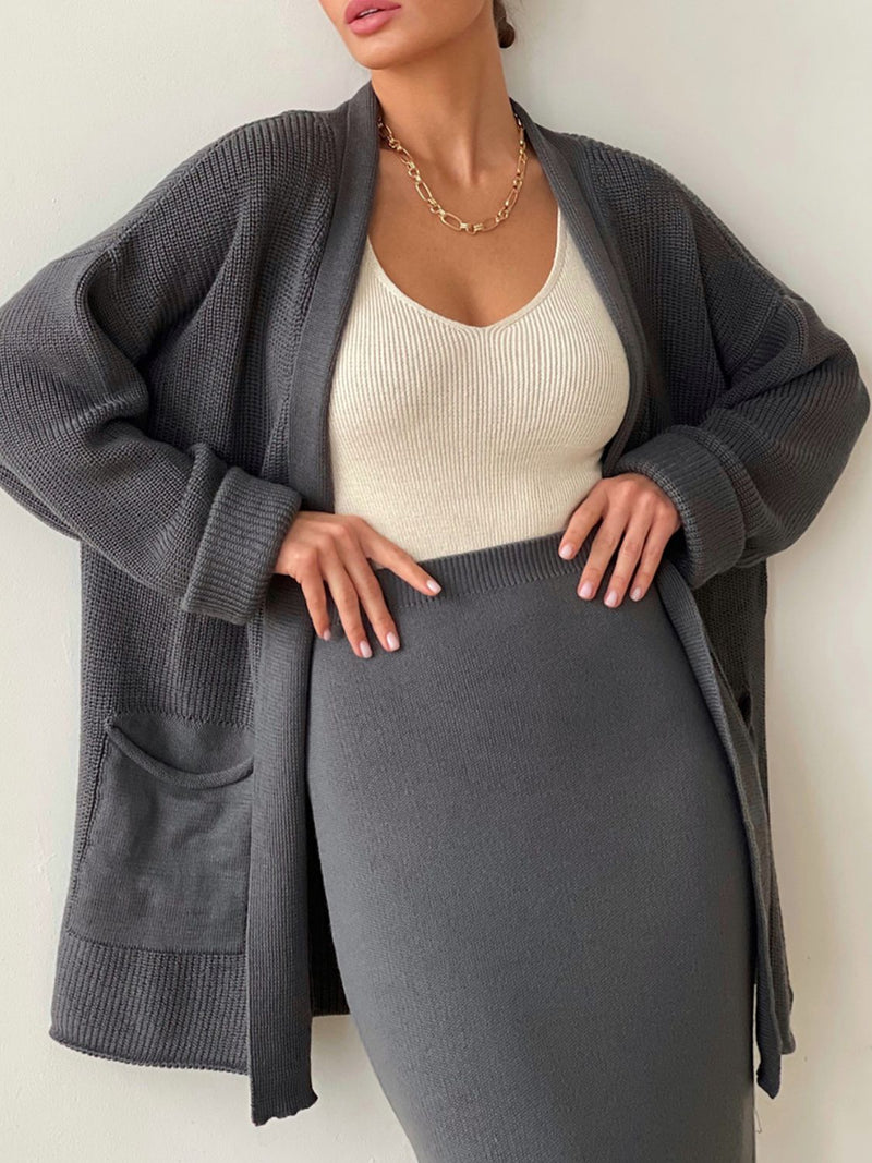 Hazel Blues® |  Pocketed Long Sleeve Cardigan and Skirt Sweater Set