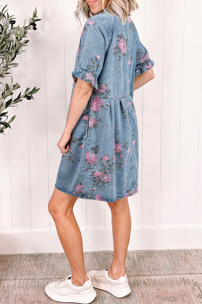 Sky Blue Floral Print Denim Short Sleeve Button Down Dress – Hazel Blues®