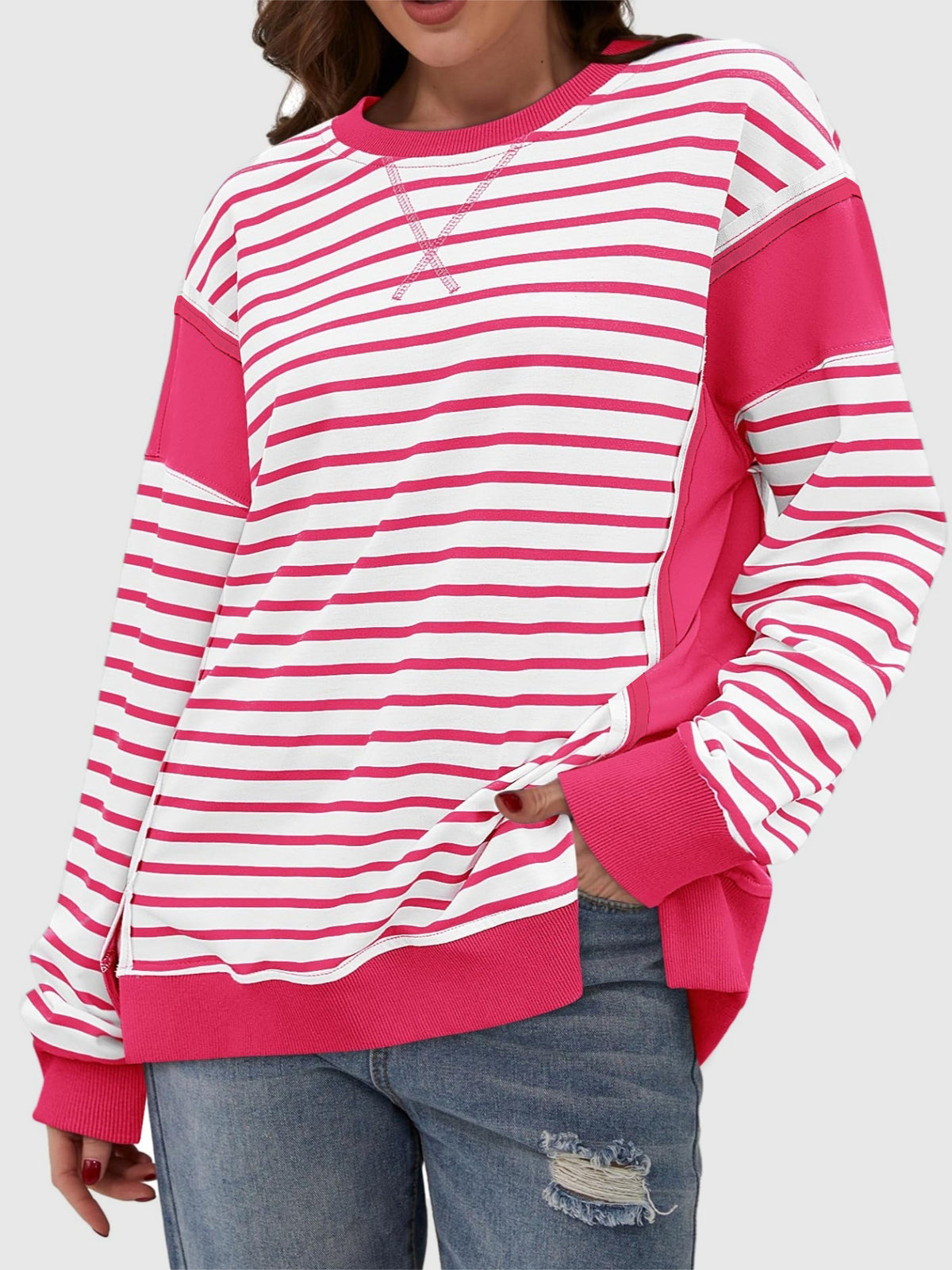 Hazel Blues® |  Slit Exposed Seam Striped Long Sleeve Sweatshirt