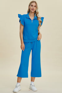 Hazel Blues® |  Double Take Texture Ruffle Short Sleeve Top and Wide Leg Pants Set