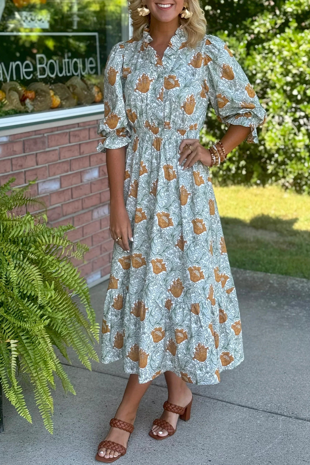 Brown Floral Printed Frilled V-Neck Bracelet Sleeve Long Dress