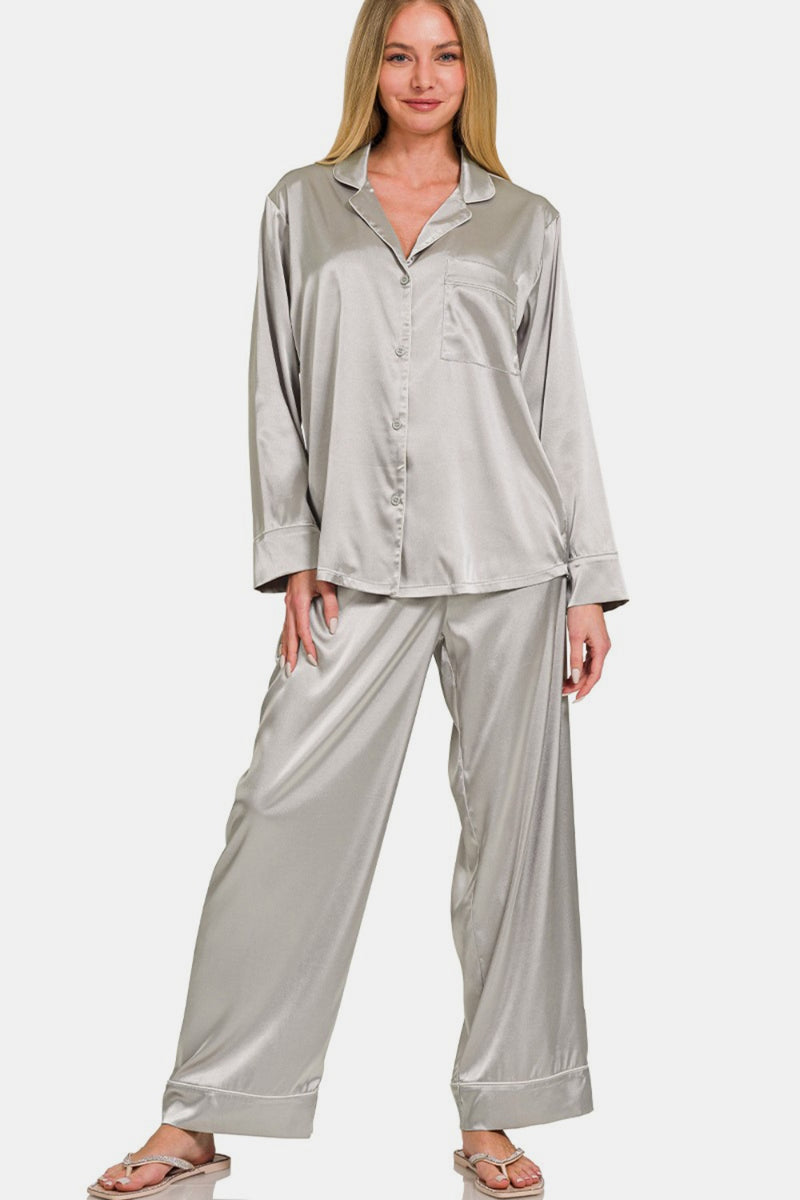 Hazel Blues® |  Zenana Satin Long Sleeve Shirt and Pants Pajama Set