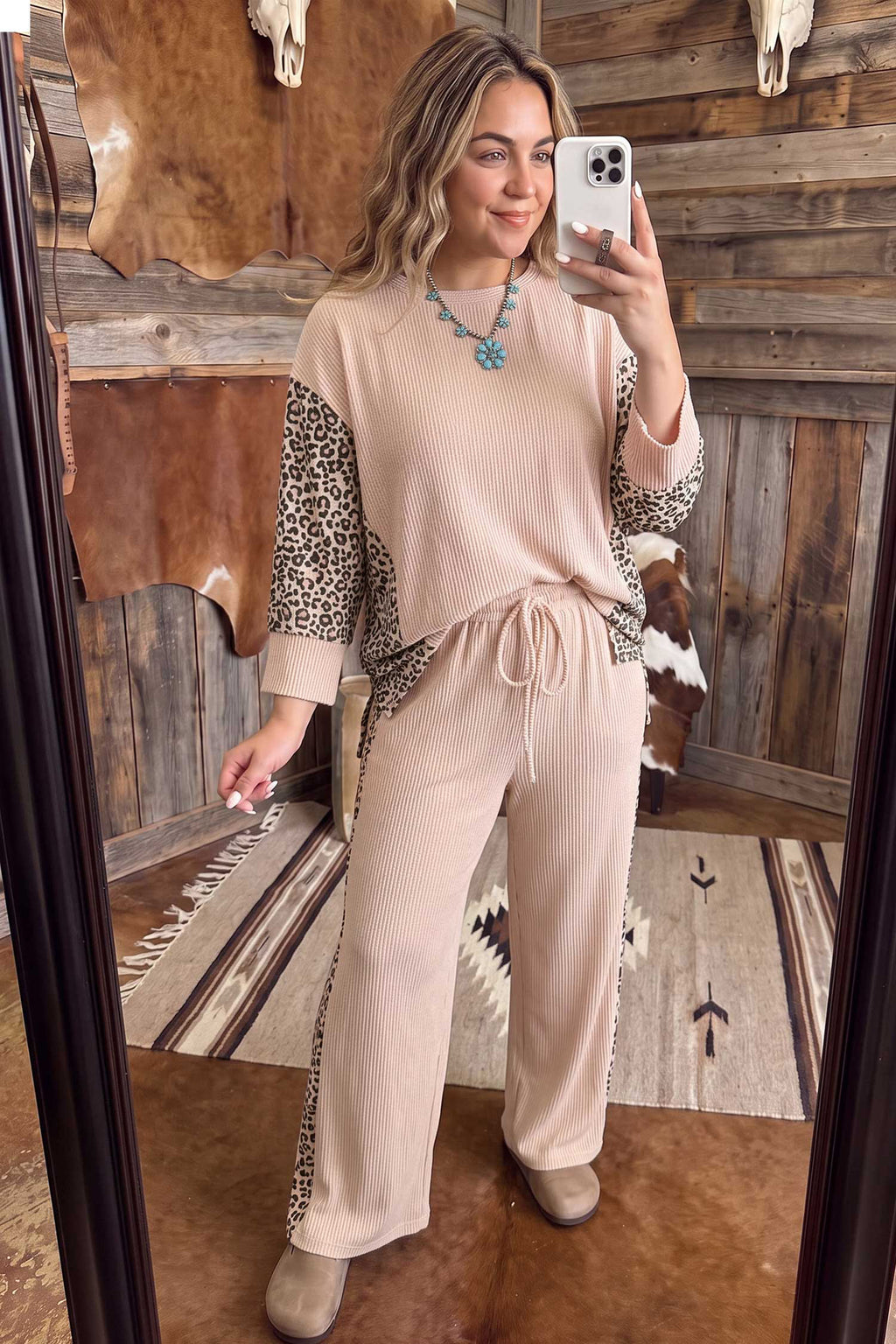 Sophie Belle Light French Beige Leopard Print Ribbed Twist Long-Sleeve Top Pants Set