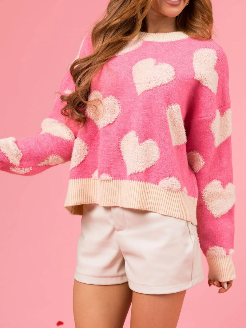 Hazel Blues® |  Valentine’s Day Fuzzy Heart Round Neck Long Sleeve Sweater