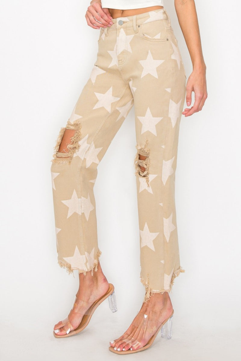 Hazel Blues® |  RISEN High Rise Star Printed Frayed Hem Jeans