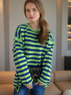 Hazel Blues® |  Distressed Striped Round Neck Long Sleeve Sweater
