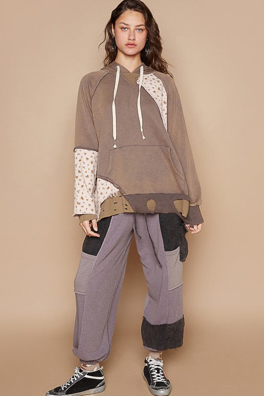 Hazel Blues® | POL Floral Patchwork Distressed Drawstring Hoodie