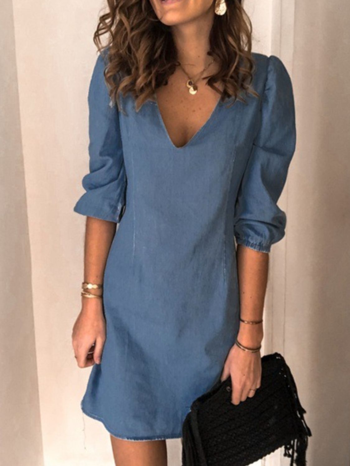 Hazel Blues® |  V-Neck Half Sleeve Denim Dress