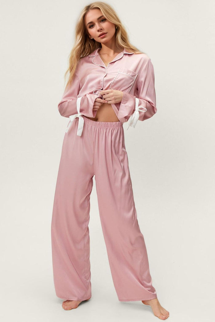 Hazel Blues® |  Basic Bae Tied Cuff Collared Neck Top and Pants Lounge Set