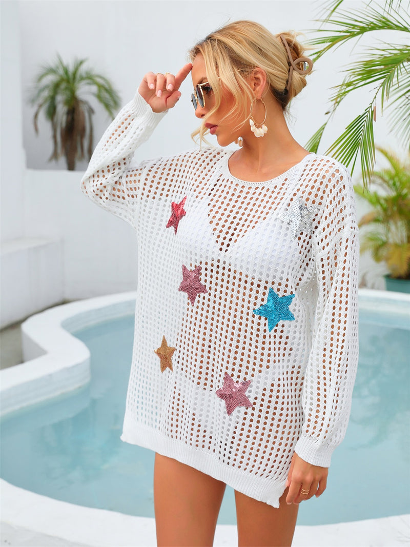 Hazel Blues® |  Sequin Star Round Neck Long Sleeve Cover Up