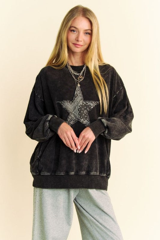 Hazel Blues® |  Davi & Dani Stud Star Patch Acid Washed Sweatshirt