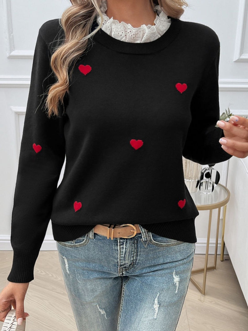 Hazel Blues® |  Lace Detail Heart Long Sleeve Sweater