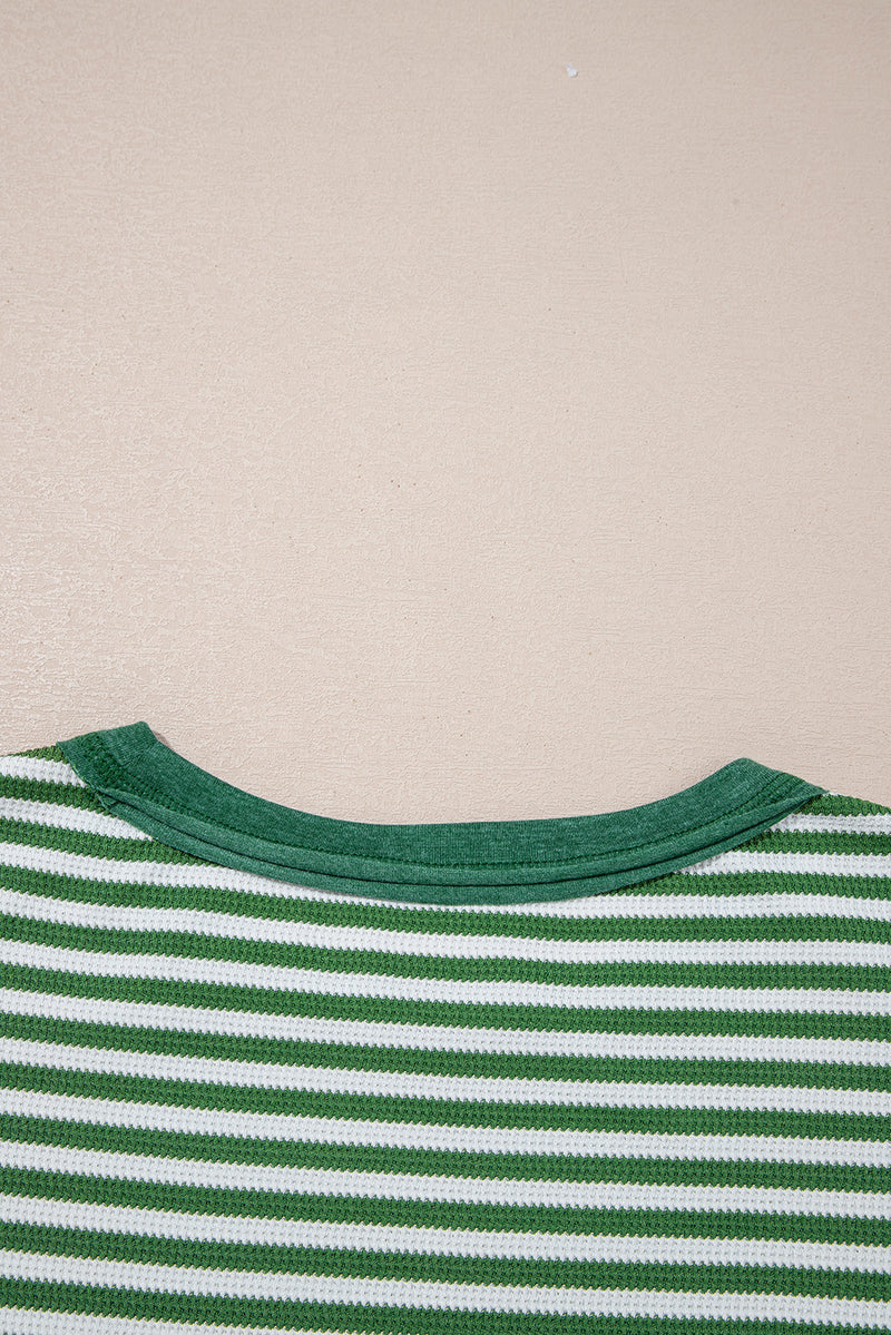 Hazel Blues® |  Green Stripe Thermal Knit Drop Shoulder Casual Top
