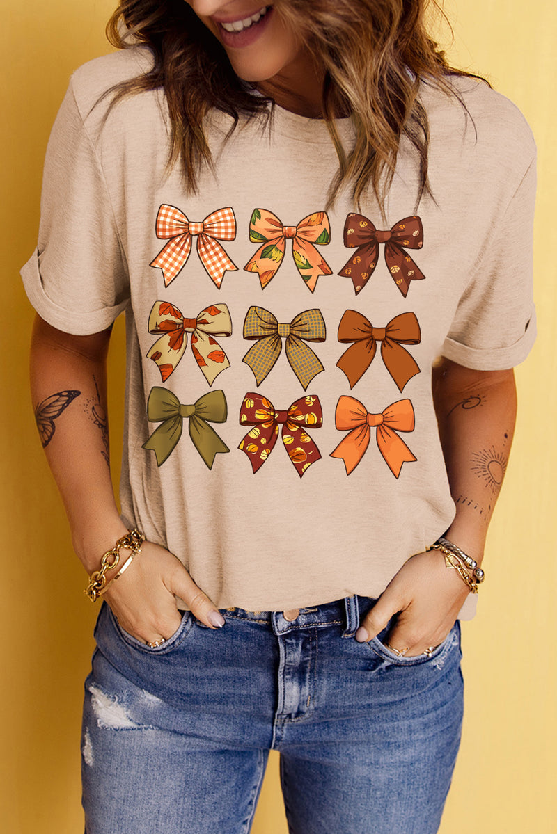 Hazel Blues® |  Khaki Halloween Fall Bowknot Graphic Short Sleeve Top