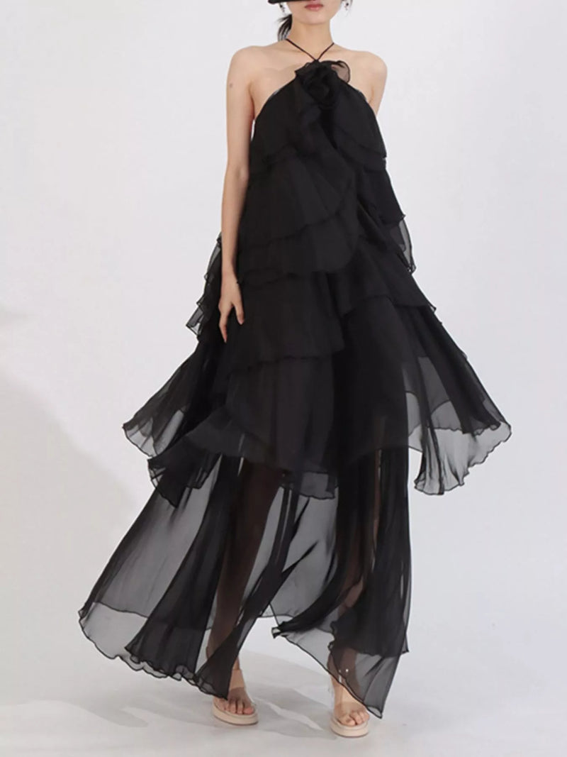 Hazel Blues | Ruffled Chiffon Halter Neck Maxi Dress