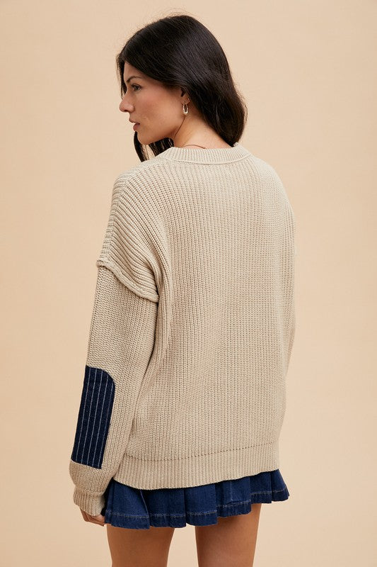 Hazel Blues® |  Annie Wear Contrast Round Neck Drop Shoulder Sweater with Patch Pocket