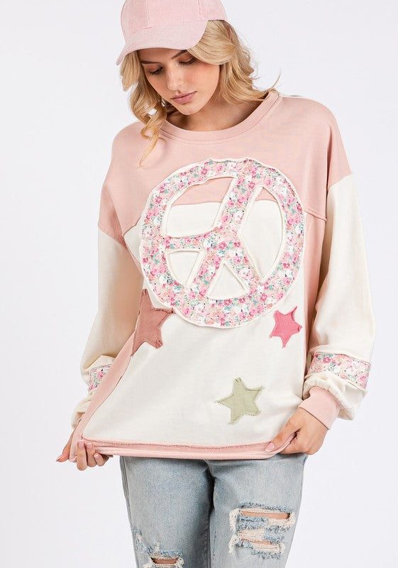 Hazel Blues® |  SAGE + FIG Peace & Star Patch Contrast Round Neck Sweatshirt