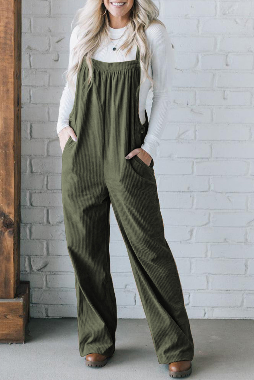 Hazel Blues® |  Jungle Green Solid Pocketed Loose Fit Corduroy Overall