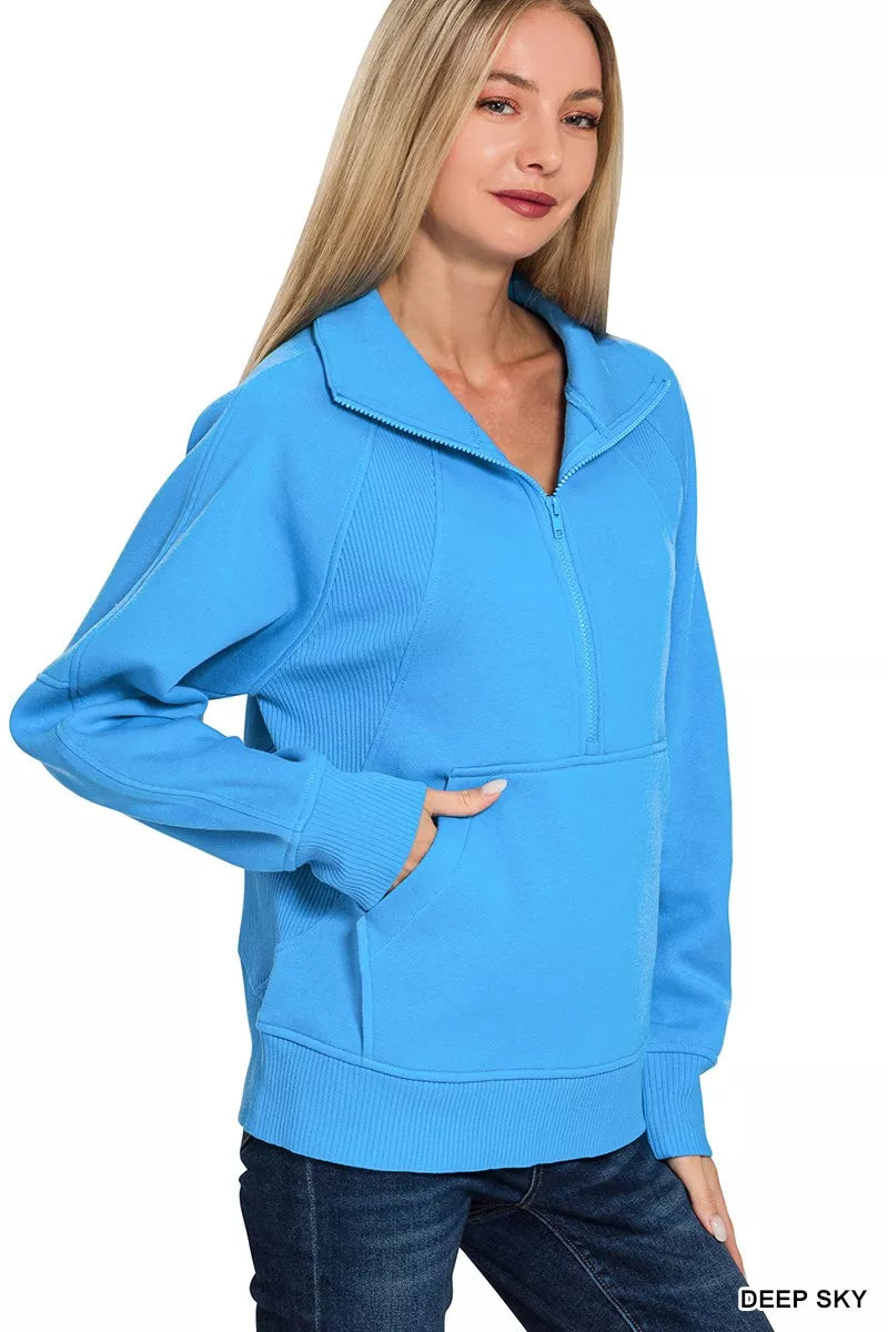 Hazel Blues® | Zenana Half Zip Fleece Sweatshirt with kangaroo Pocket