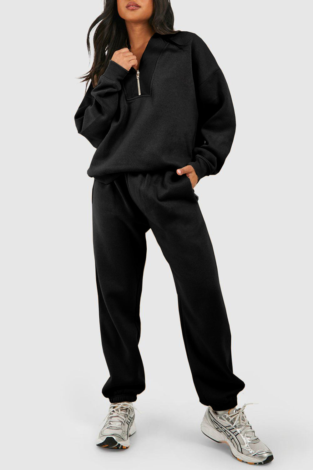 Hazel Blues® |  Black Plain Half Zip V Neck Ribbed Edge Loose Tracksuit