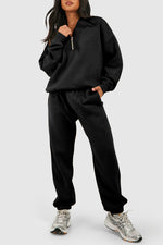 Hazel Blues® |  Black Plain Half Zip V Neck Ribbed Edge Loose Tracksuit