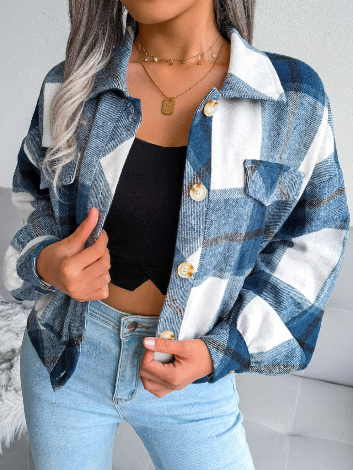 Hazel Blues® |  Plaid Collared Neck Long Sleeve Jacket